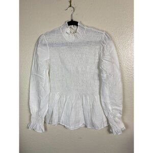 White Étophe Studios Ruffled Smocked Blouse Top Size‎ Medium Long Sleeve Stretch